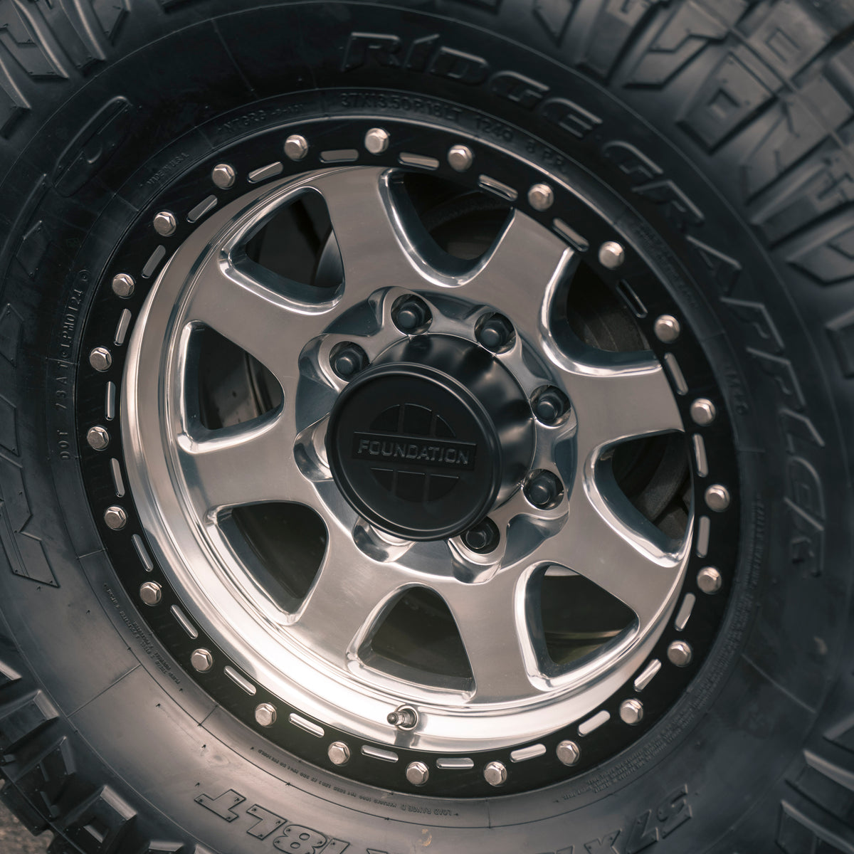 Custom Polished Finish Foundation Wheels 395 HD Ram Wheel with Black Drain Hole Ring and Silver Hardware